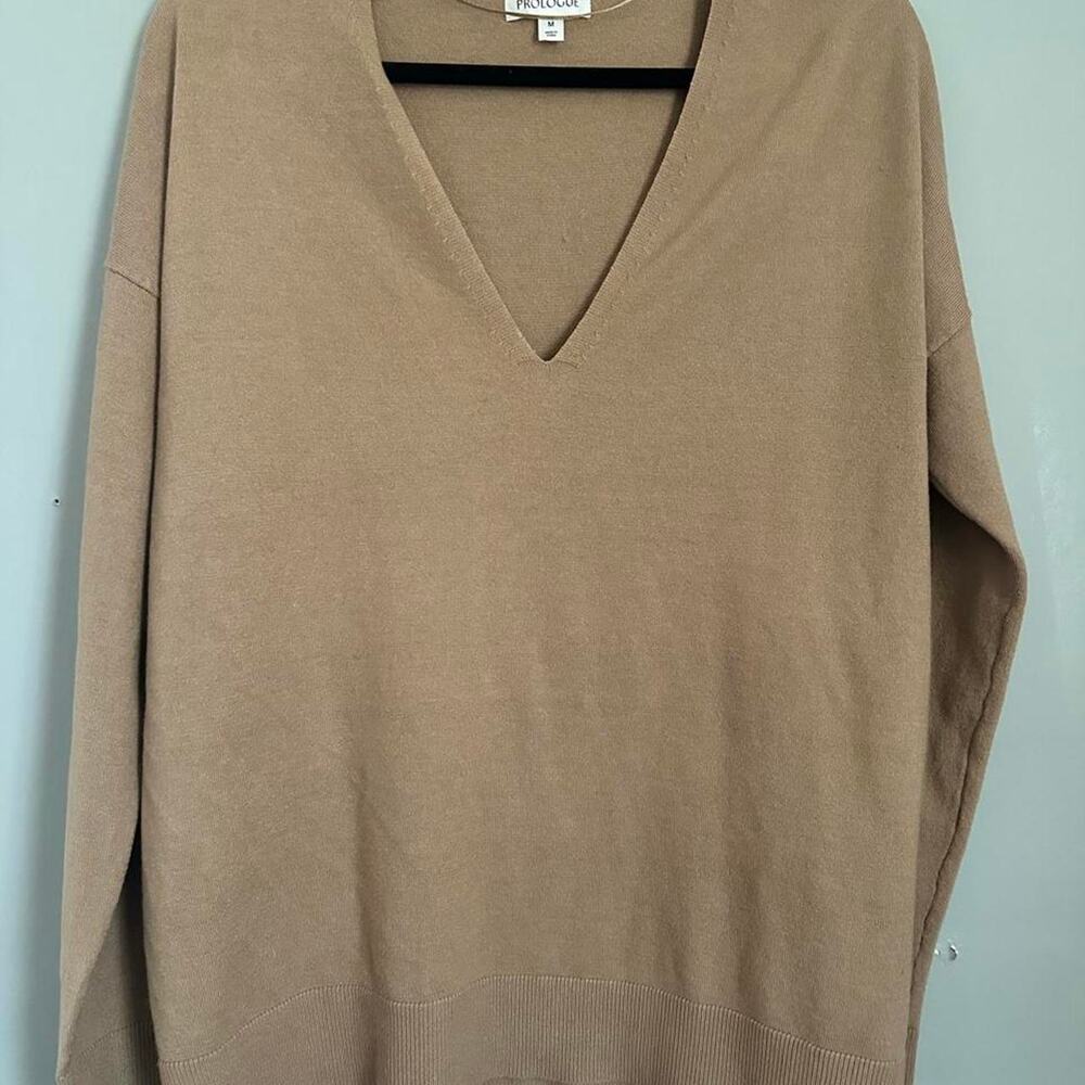 Prologue Sweater Womens M Tan Camel V Neck Long Sleeve Relaxed Knit Neutral